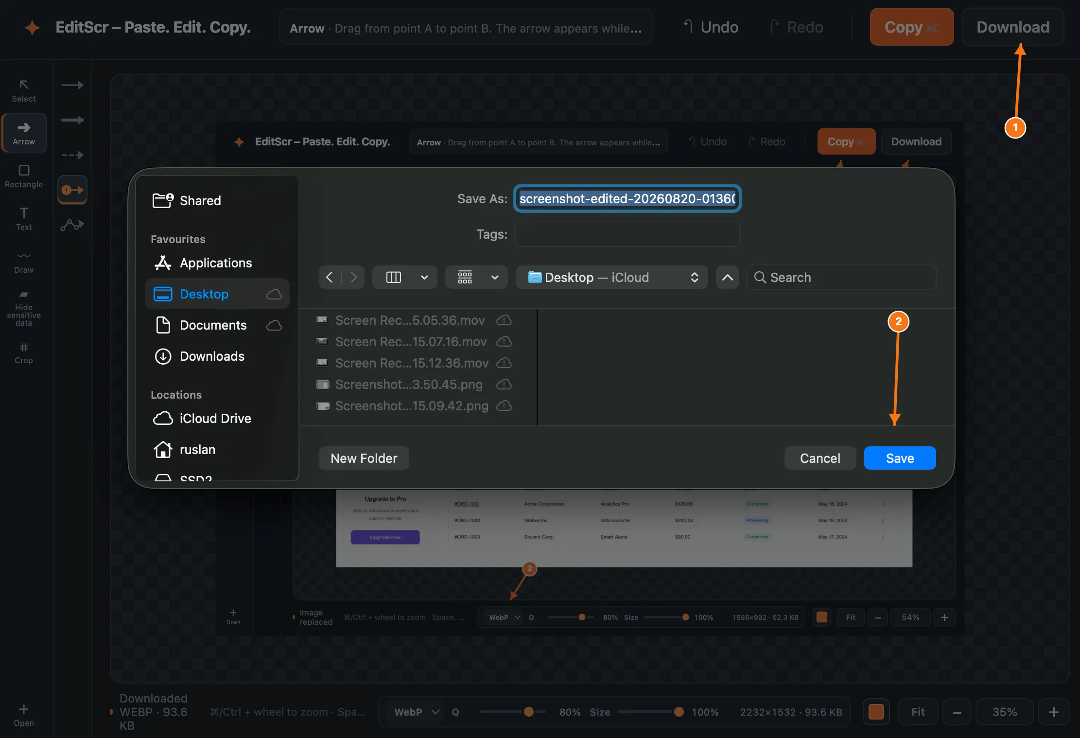 Export controls for downloading a screenshot as PNG, JPG or WebP.