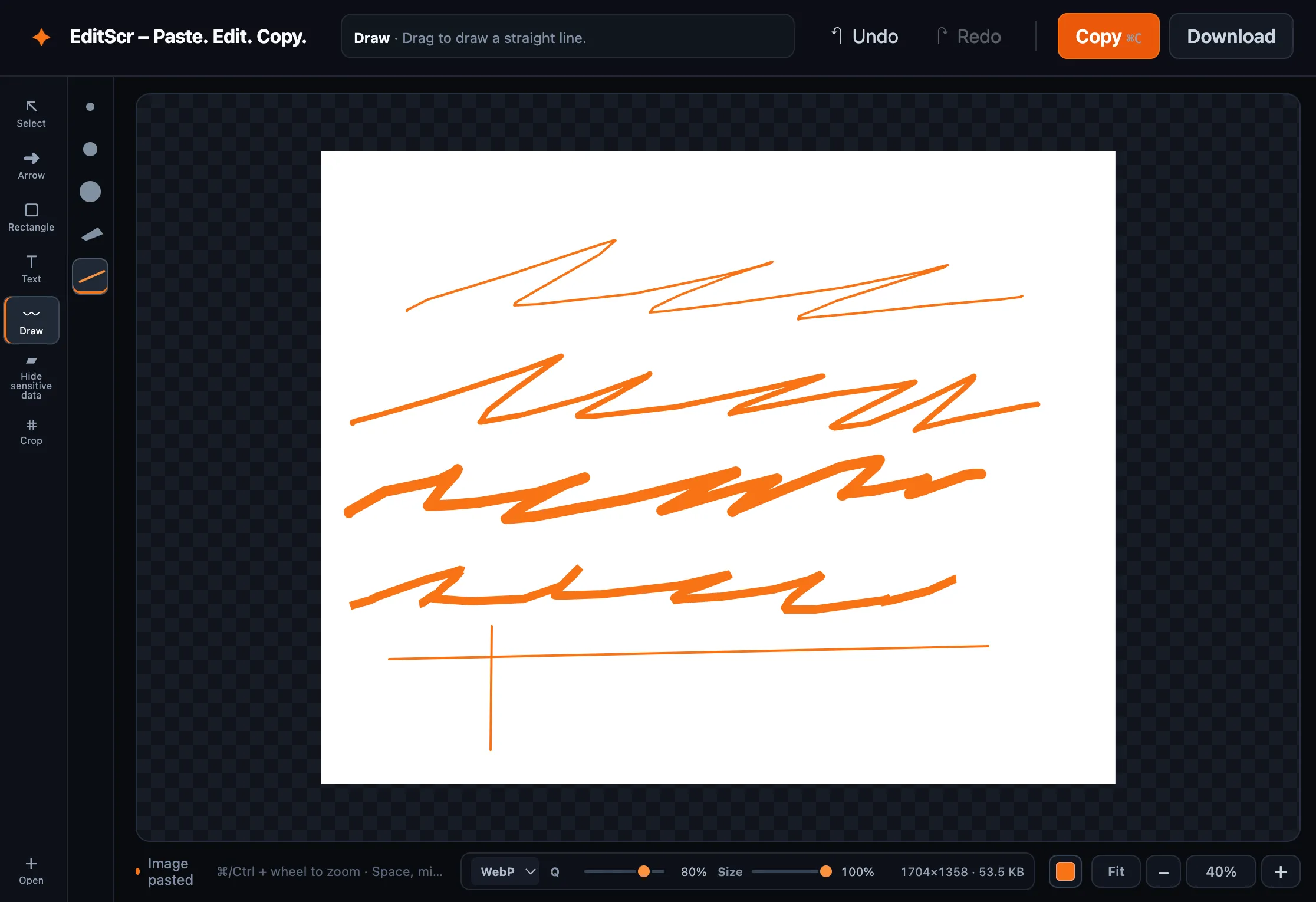 The EditScr Draw tool with brush and straight-line presets.