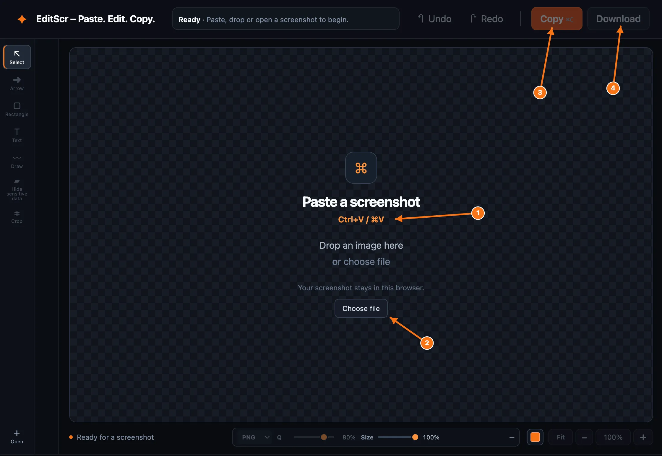 The EditScr empty state for pasting or opening a screenshot.