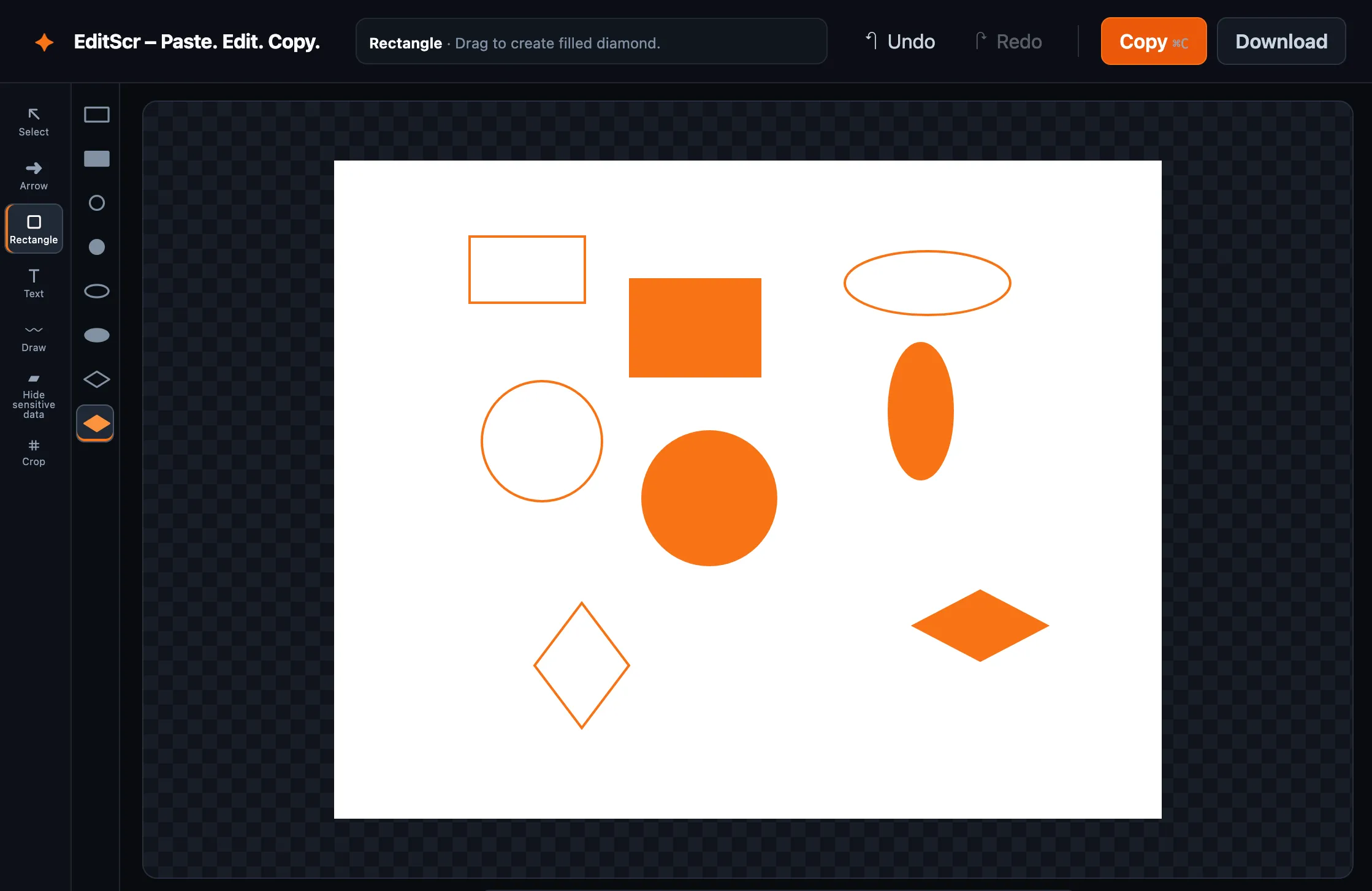The EditScr Shape tool with rectangle, circle, oval and diamond presets.
