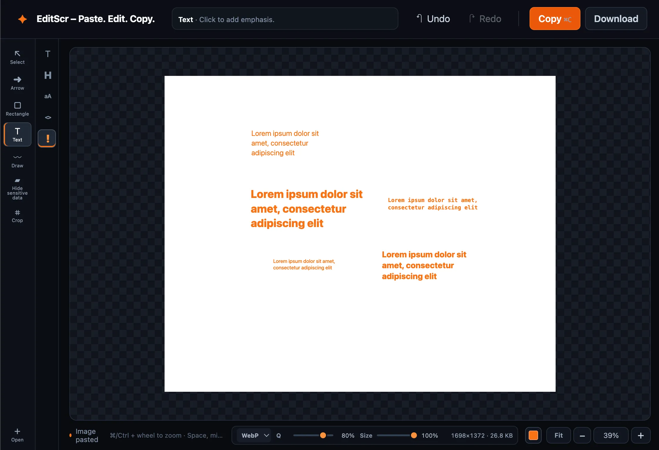 The EditScr Text tool with text style presets.